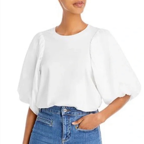 Cinq A Sept Women’s White Moda Puff Sleeve Mixed Media Tee Size Medium - Picture 1 of 10